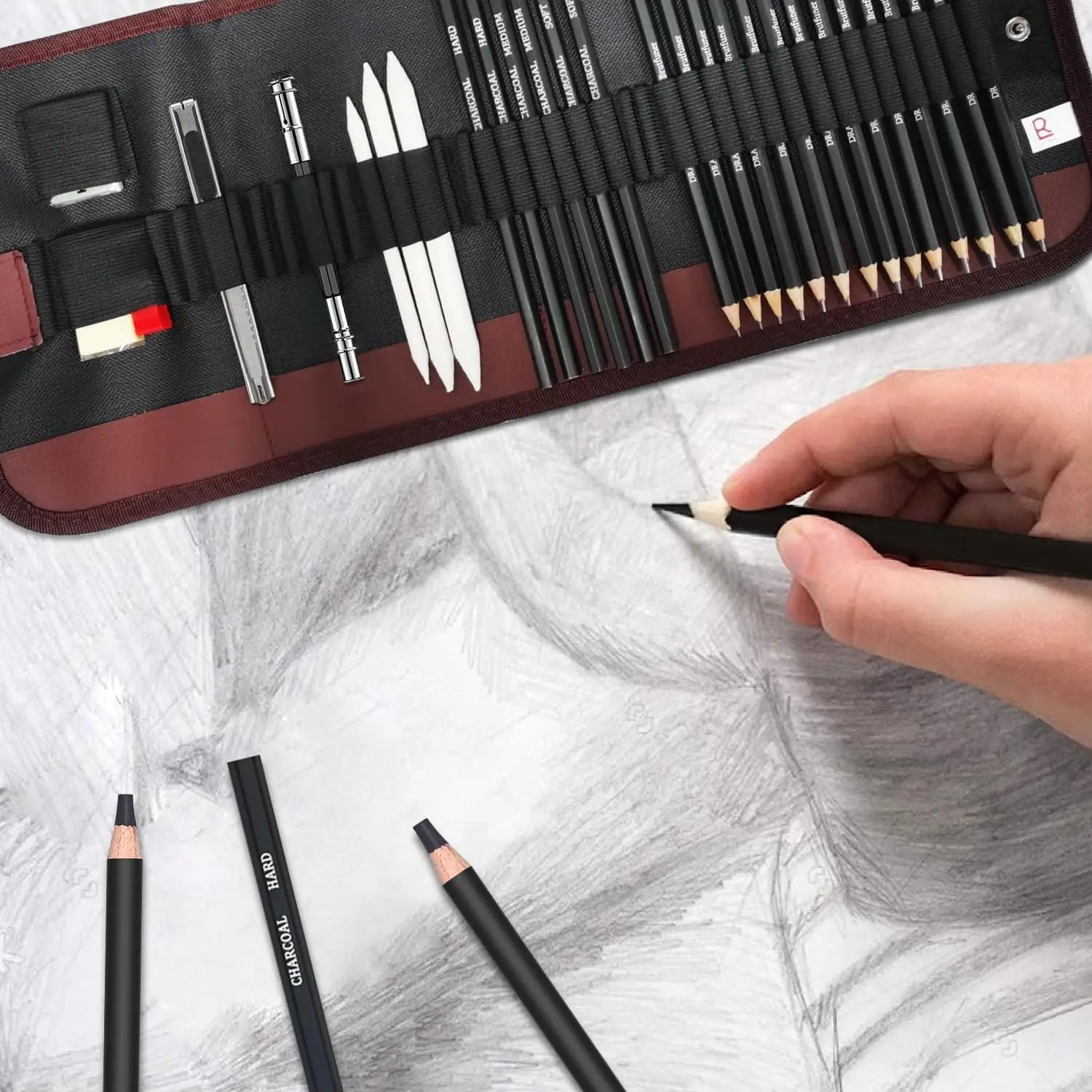 29Pcs Drawing Kit Sketching Pencils Set,Portable Pen Curtain-Charcoal Pencils, Sketch Pencils, Charcoal Stick,Sharpener,Eraser image 3