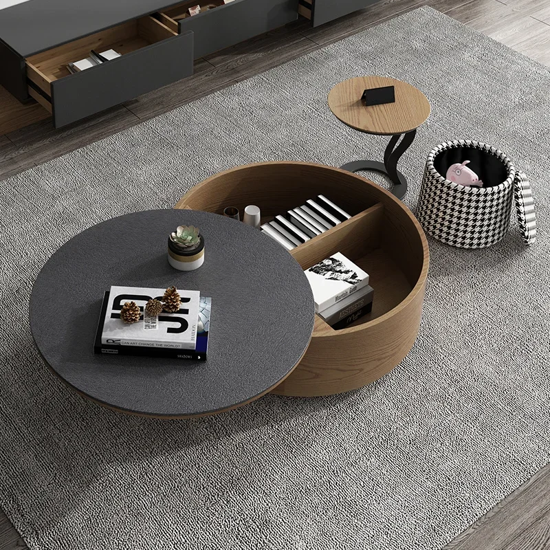 

Round rotating rock slab coffee table combination