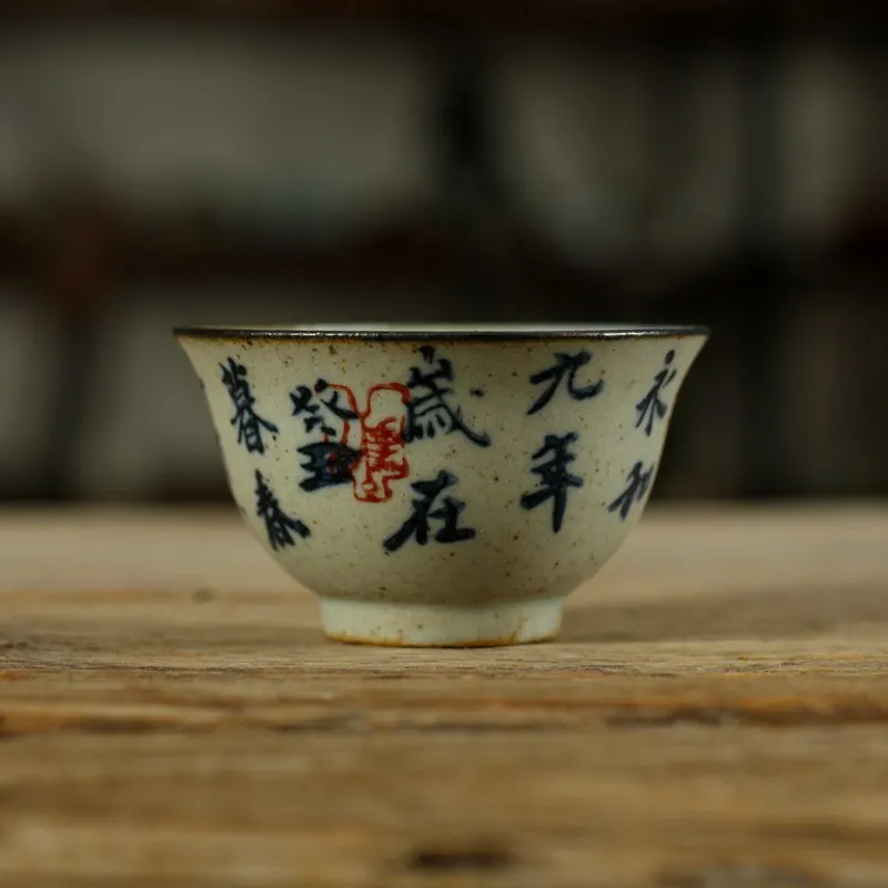 

Coarse Pottery Teacups Hand Painted Antique Teacup Calligraphy Reverse Mouthed Cup Chinese Ceramics Jingdezhen Tea Cups Home