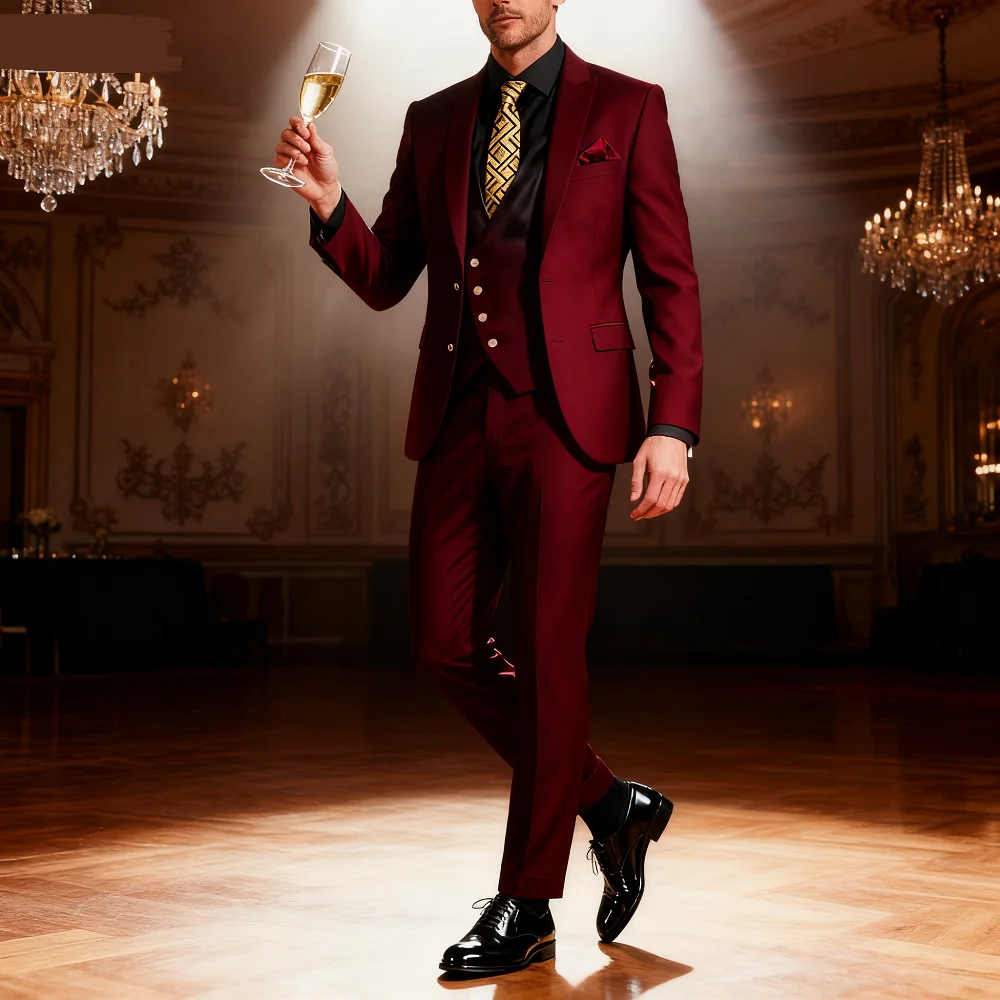 

Solid Color 3-Piece Men's Suit Fashionable New Formal Business Wedding Unique Button Lapel Tuxedo Vest Pants Set