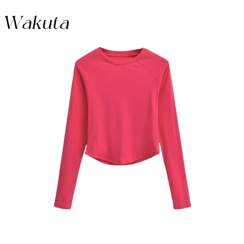 WAKUTA American Classic Round Neck Plunge Long Sleeve Bottom Shirt Casual Stretch Slim Solid Color Hem Curved Tees Pro Choice image 4
