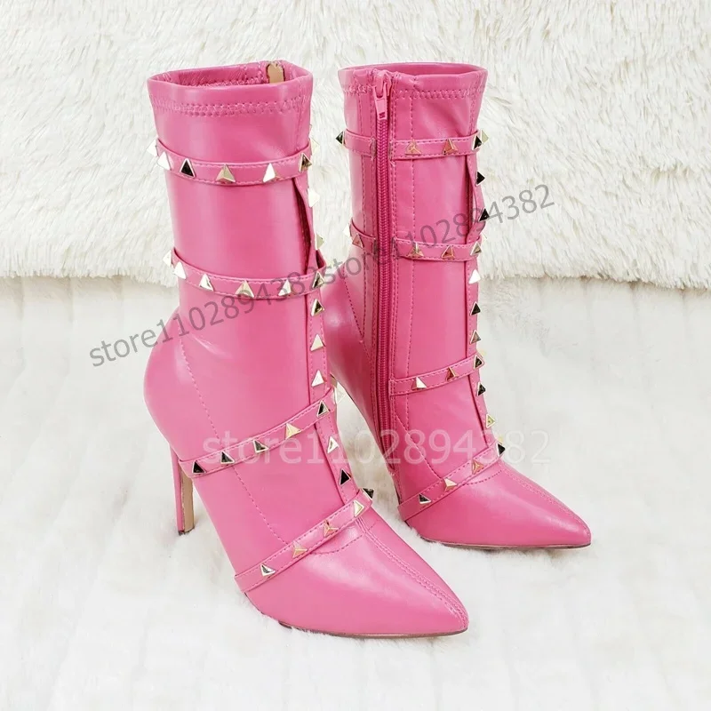

Gold Rivets Decor Pink Pointed Toe Mid Calf Boots Side Zipper Women Shoes Thin High Heels Fashion Party 2023 Zapatos Para Mujere