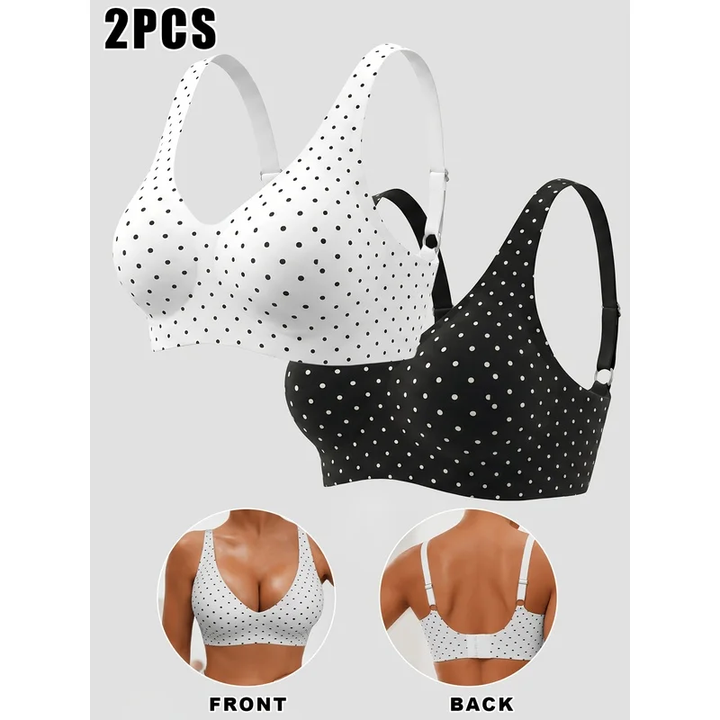 2 Piece Polka Dot Sports Bra Set Wireless V Neck Push Up Yoga Top Removable Pads Adjustable Straps Fitness Wear Women Activewear