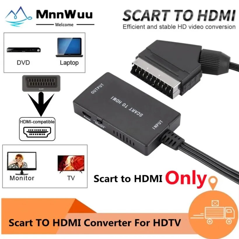 MnnWuu SCART to HDMI Converter with Cable 1080P Scart in HDMI Out HD 720P/1080P Switch Video Audio Converter Adapter for HDTV