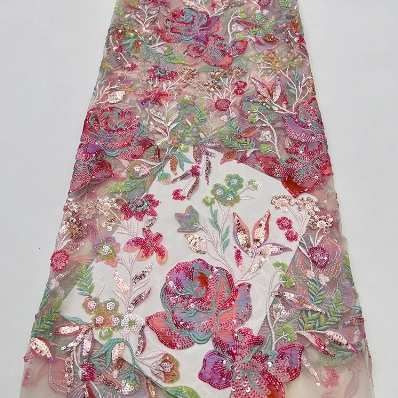 

Французская розовая сетчатая ткань, ручная работа, блестящая цветная ткань с вышивкой цветов и блестками, ткань для шитья платья и платья, высокое качество