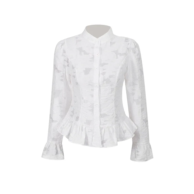 ZAMOR HIGH STREET 2026 Autumn New Women's Chic Solid Splicing Ruffle Waist-Defined Embroidery Flared Sleeve Blouse