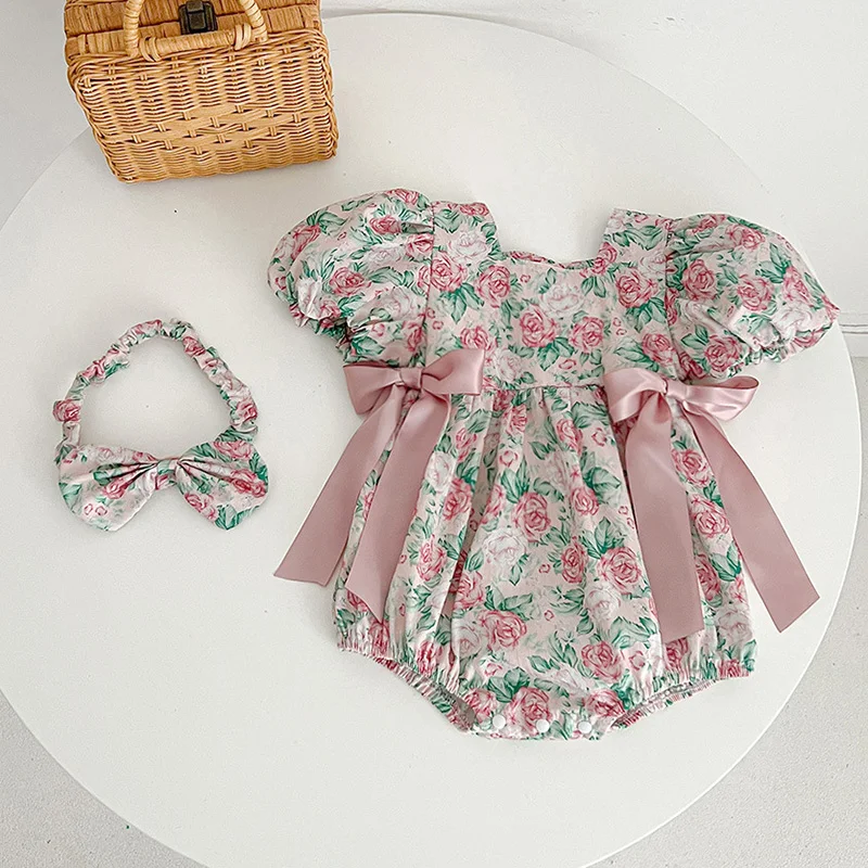 2024 New Summer Sister Clothing Baby Girl Party Dress Kids Princess Dresses Short Sleeved Cotton Flower Print Baby Romper