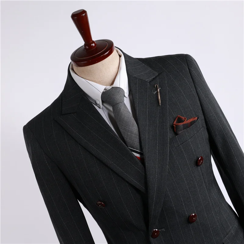 

8406 Grey striped double-breasted suit for men three-piece wedding dress