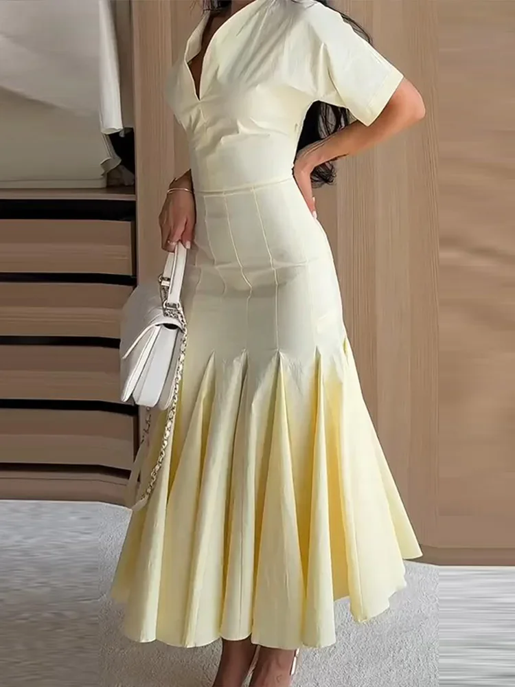 Deep V-neck Ruched Women Trumpet Vestidos Short Sleeve Ankle-length Sexy Lady 2026 Summer Skinny Fashion Female Sundress
