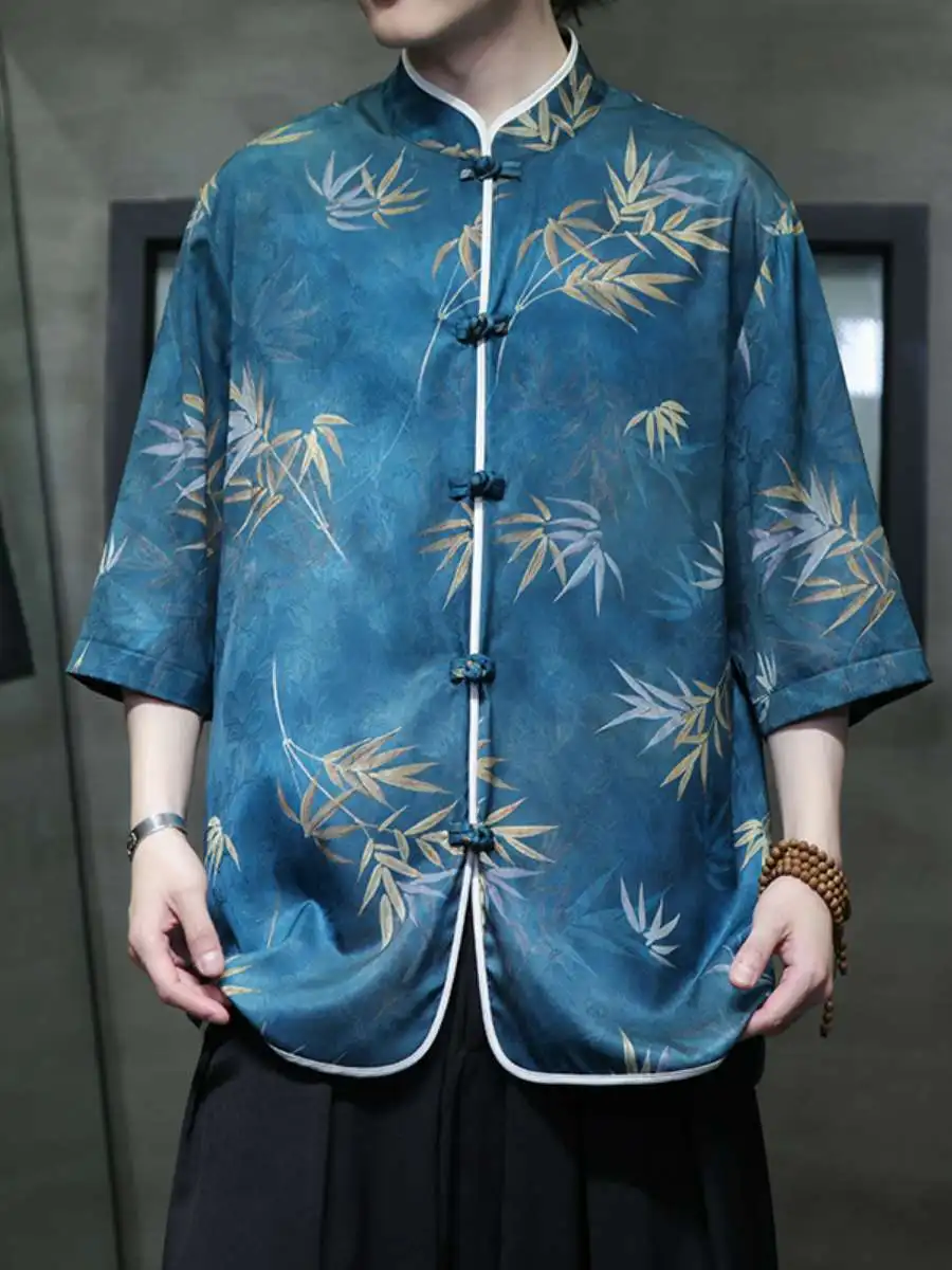 

New Ice Silk ort Sve irt Summer Thin Print Loose Large Size Hanfu Men's Casual Ethnic Clothing Lightweight Breathable