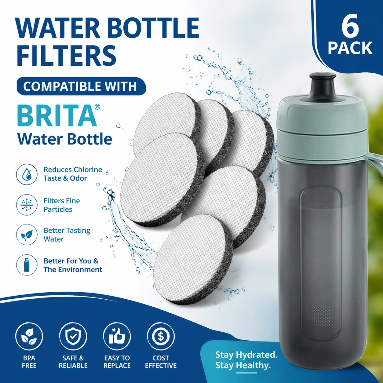 6pack MicroDisc for Brita Water Bottle, Filter Replacement Activated Carbon Disc for Brita Fill & Go, Reduces Chlorine