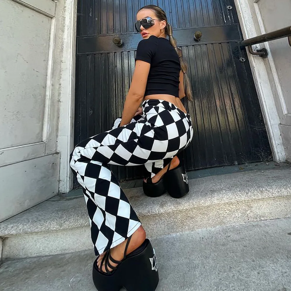 

Goth Sexy Geometric Pants Harajuku Punk Black and White Grid High Waist Trousers Streetwear Women 2022 New Autumn Long Trousers