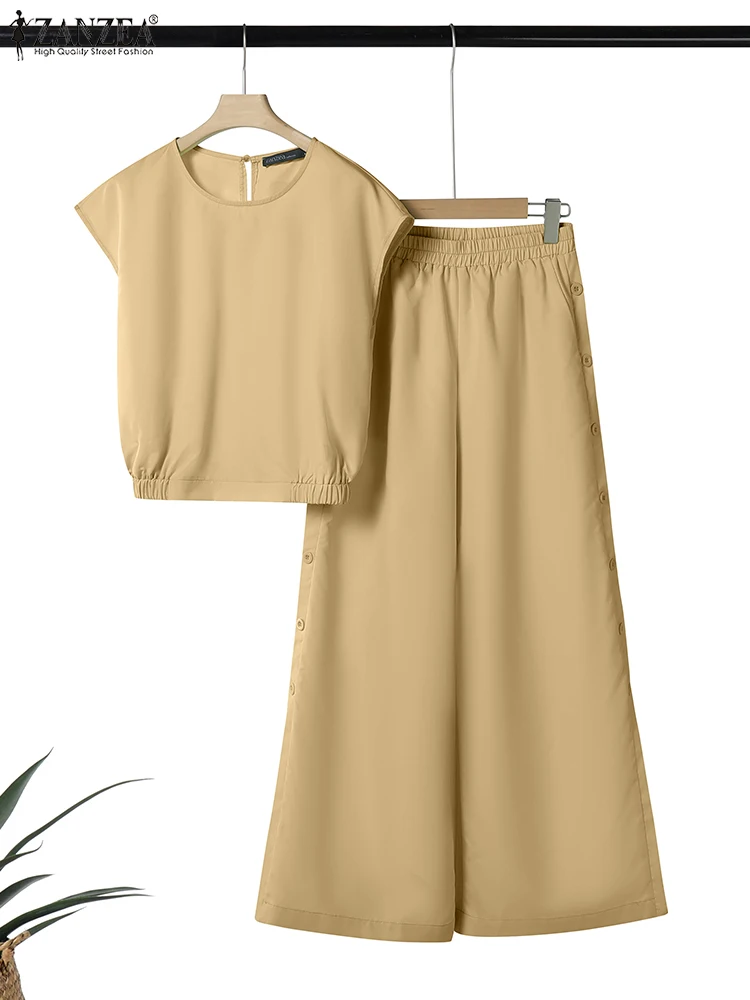 

2025 ZANZEA Summer Pant Sets Women Two Pieces Sets Casual O Neck Short Sleeve Blouse Loose Trousers Suit 2PCS Solid Work Outfits