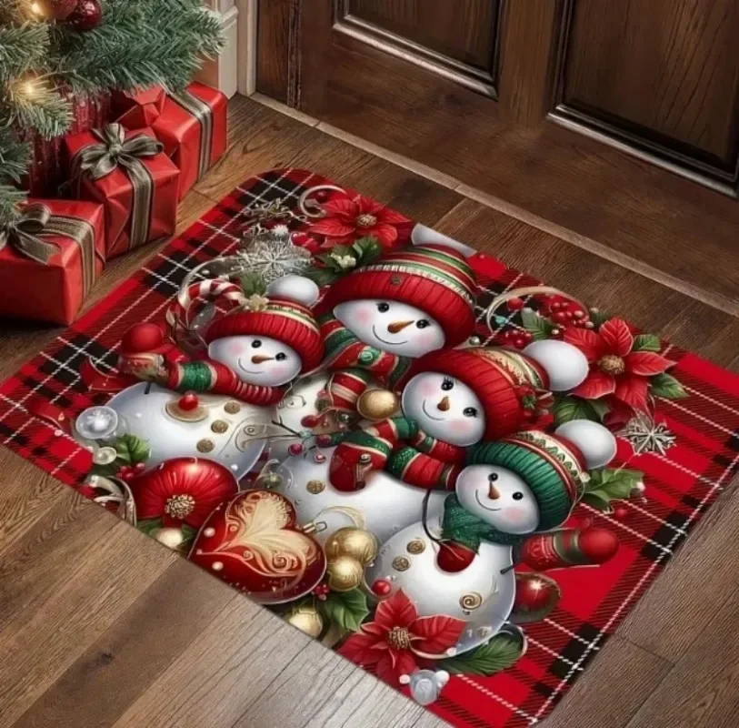 Snowman Christmas Doormat Buffalo Plaid Poinsettia Four Snowmen Print Xmas Holiday Decor Welcome Mat Indoor Outdoor Entryway