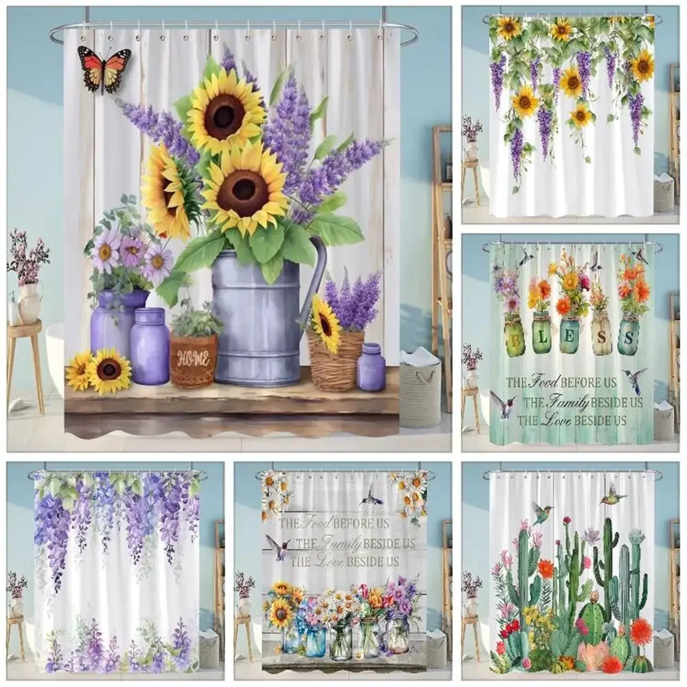 Sunflowers Lavender Shower Curtains Green Plants Popular Flowers Small White Daisy Butterflies Hanging Curtains Bathroom Decor