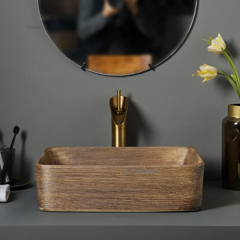 #Moroccan Vintage Ceramic Basin Hotel Toilet Creative Rectangular Platform Brown Wash Basin Modern Household Art Bathroom Sinks