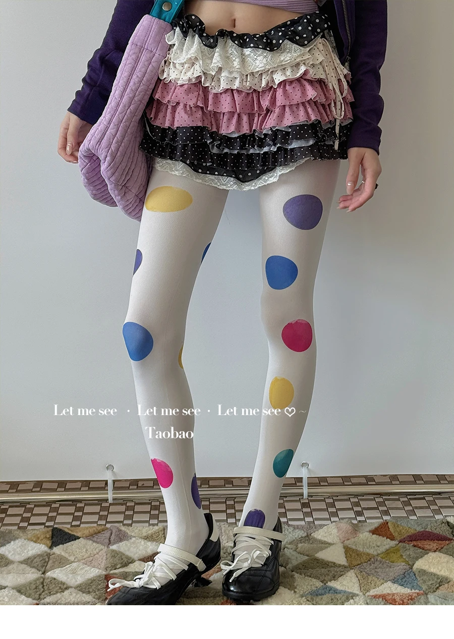 New Japanese Style Soft Girl Colorful Large Dot White Base Stockings Printed Pantyhose White Color Colorful Hosiery Cute Tights