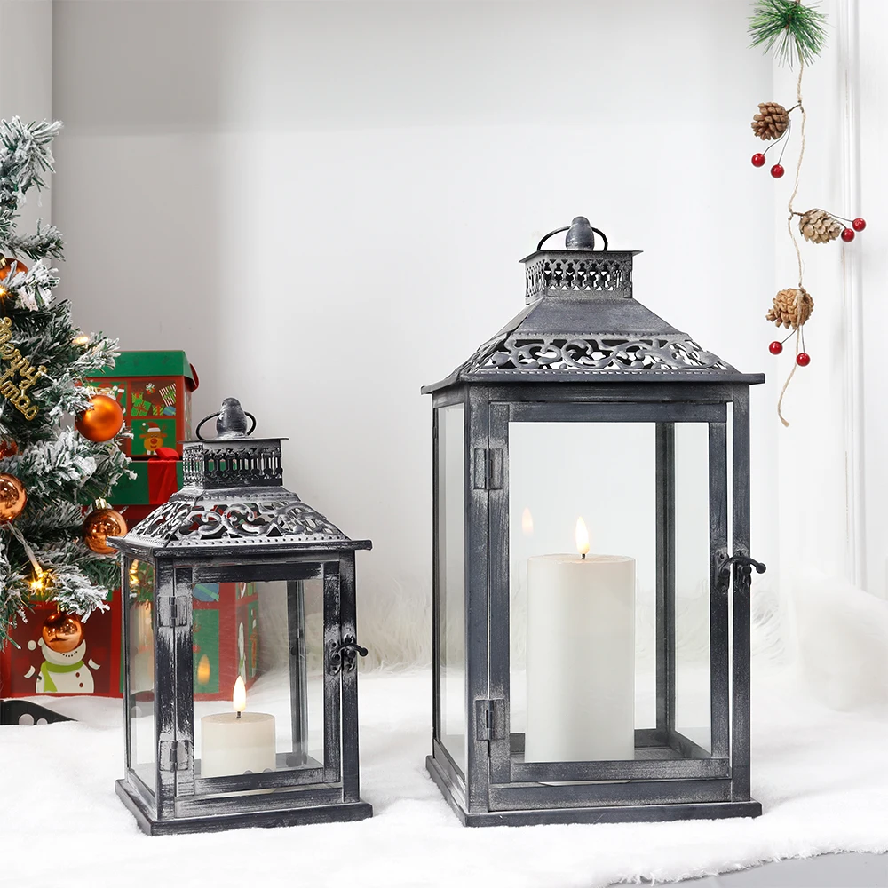 Set of Two Antique Grey Metal Vintage Square Style Hanging Candle Lantern Metal Candle Holder for Home Wedding Decor view 6