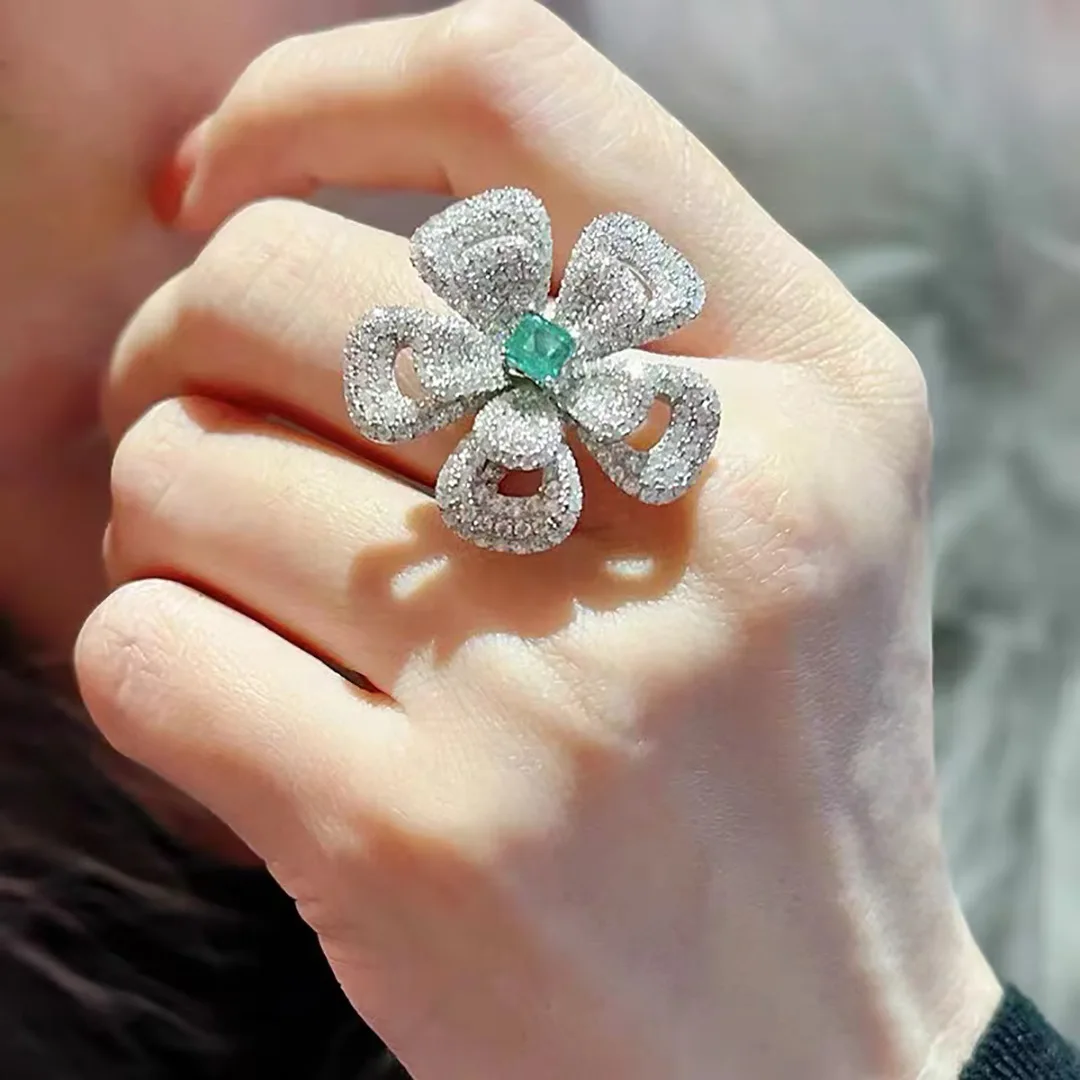 

Original Classic Rings for Women Elegant Flower Petal Silver Color Wedding Ring Green Zircon Engagement Promise Birthday Jewelry