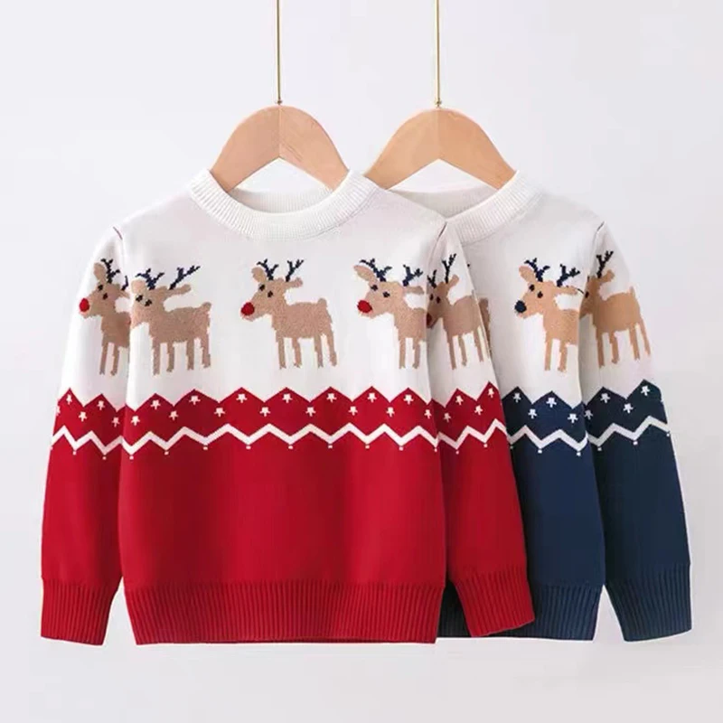 

Christmas Boys Girl Sweater Autumn Winter Santa Claus Pullover Knitted Sweater Christmas Deer Elk Kids Sweatshirts Knitwear Tops