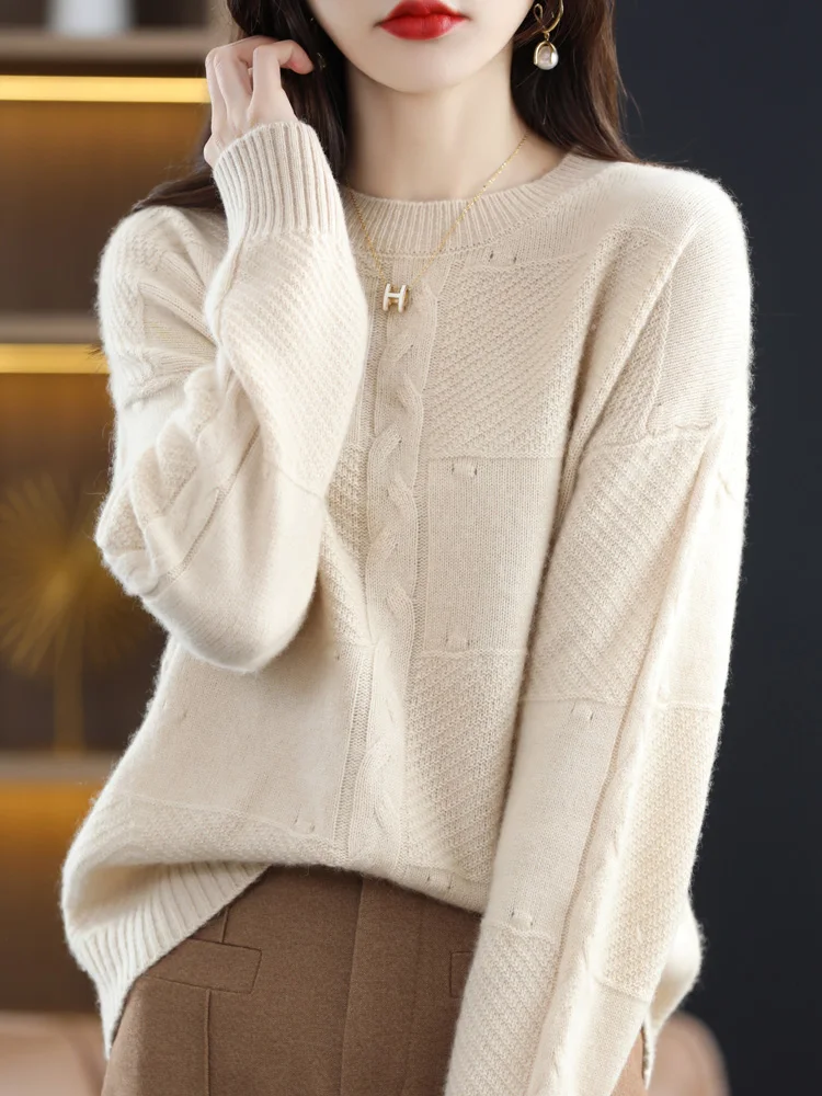 

Autumn Winnter Women Oversize Thickened Pullover Sweater 100% Merino Wool Twist Flower O-neck Casual Cashmere Knitwear 2023 New