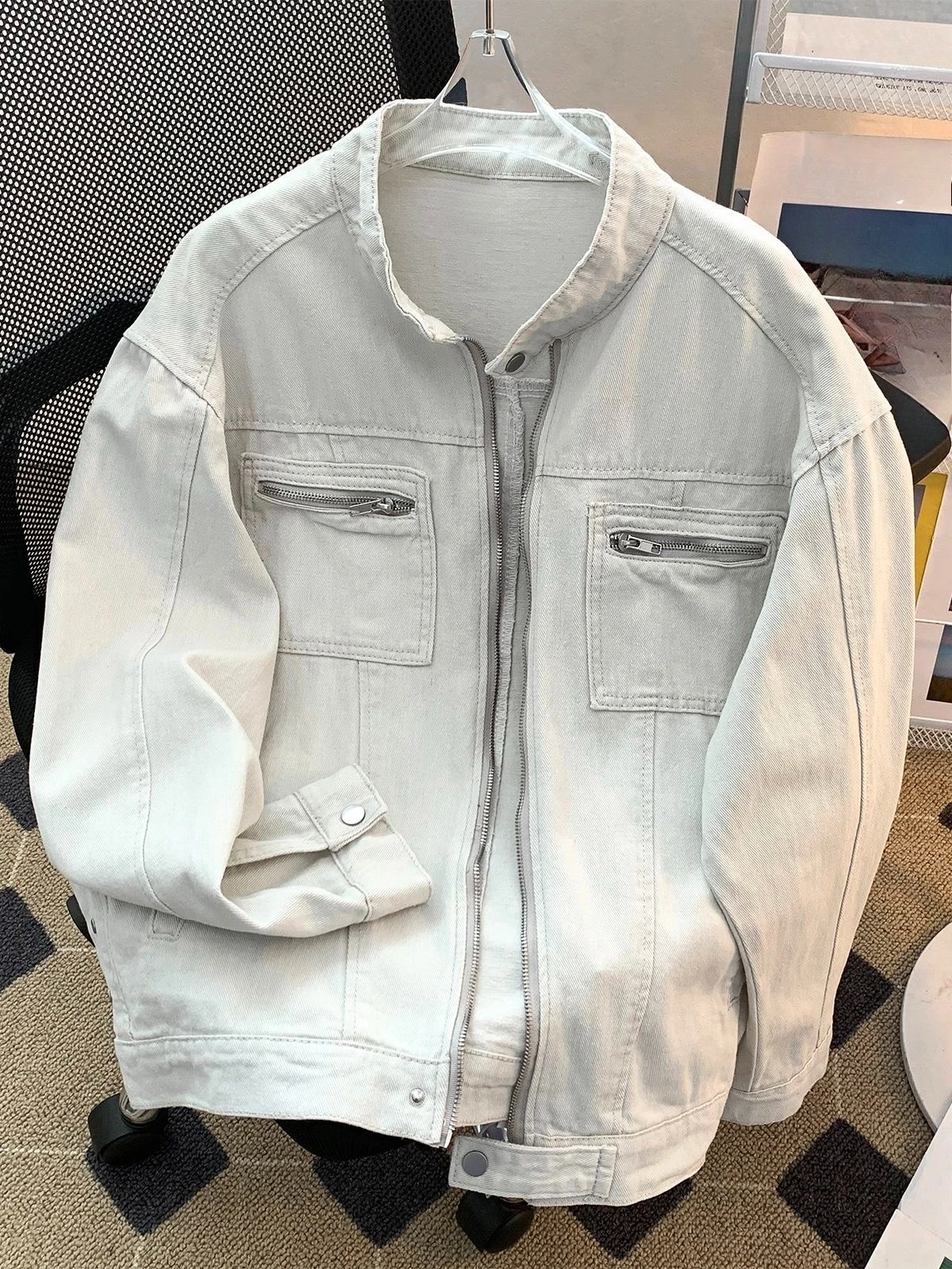 Spring Autumn Men's Vintage Washed Denim Jacket Stand Up Collar American Cleanfit Style Zipper Coat Streetwear