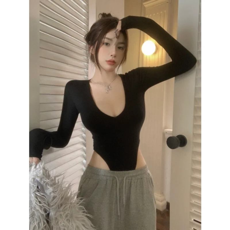 

Spring 2026 Sexy Hot Girl Tight Fit Long Sve U-Ne-Piece Bodysuit Base Color T-irt Top High Waist ort Pants Polye...