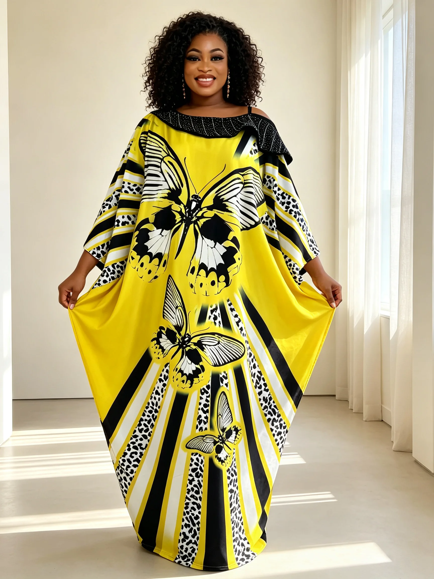Plus Size Butterfly Print Off Shoulder Kaftan Dress, African Women Satin Loose Long Abaya with Rhinestone Collar for Party Daily