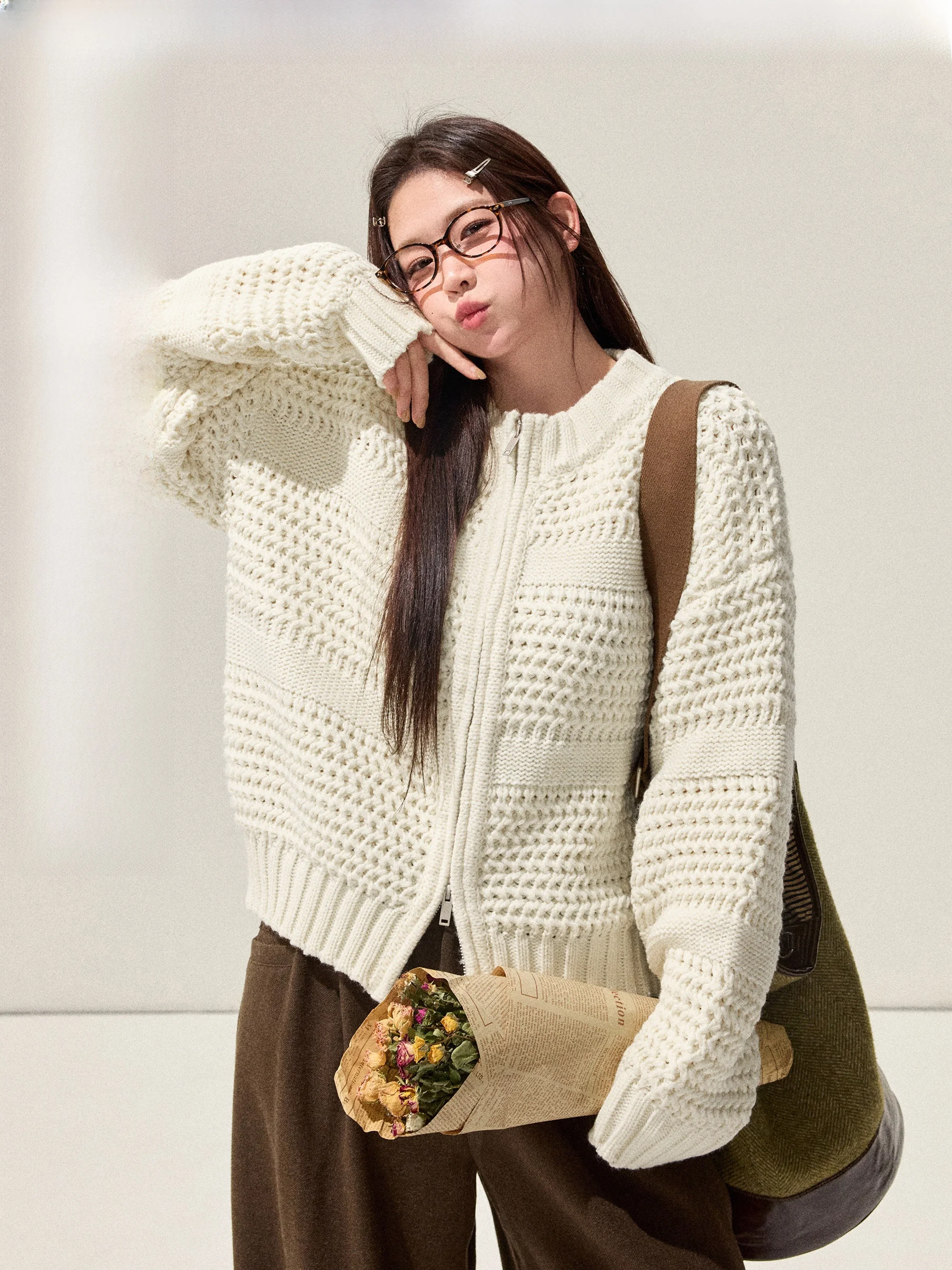 

Кардиган-свитер Jiulu Studio "Peanut Butter" с двойной молнией, больших размеров, вязаный, женский, для повседневной носки, утепленный