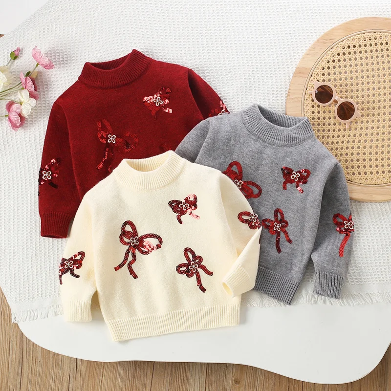 

Girls Sweater Autumn Winter New Sweet Stylish Baby Girl Knitted Base Shirt Pullover Sequin Bow Sweater