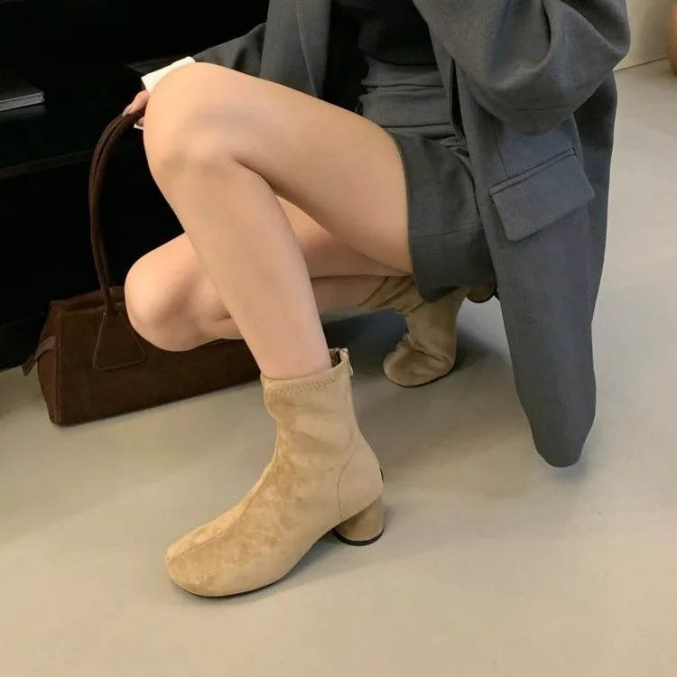Minimalist Round Toe Ankle Boots Women Autumn Winter French Chunky Heel Stretch Slim