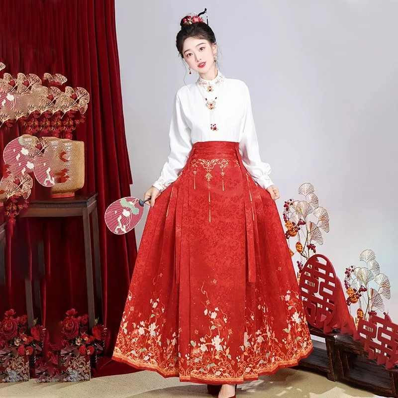 

Chinese Style Traditional Pleated Skirt For Women Black Mamianqun Hanfu improved Hanfu casual solid color shirt set 2024 New