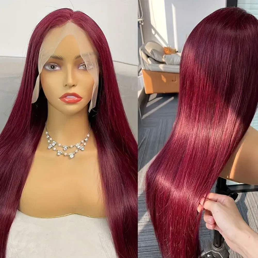 99j Burgundy Lace Front Wigs Human Hair 13x4 Straight Transparent Lace 200% Density Brazilian Human Hair Wigs For Women 34Inch