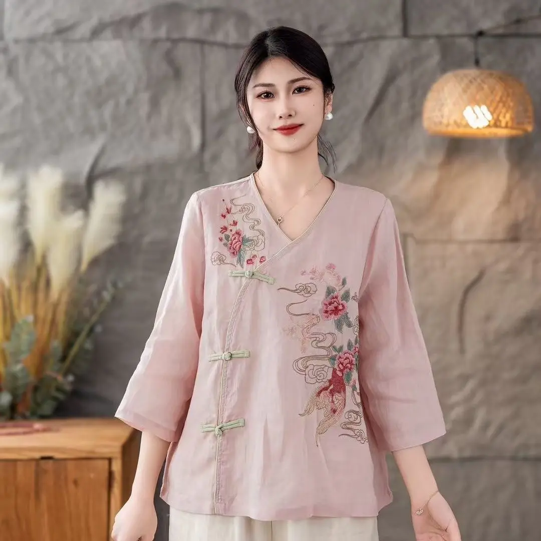 Women's 2026 New Chinese Style Vintage Cotton Linen Shirt, Spring Summer V-Neck Frog Button Top, Embroidery Tea Blouse