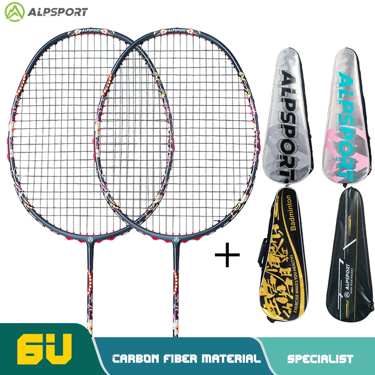 

Alpsport HQ 6U 72±2g Ultralight 35 lbs 100% Full Carbon Fiber Badminton Racket with Strings Professional Racket Training