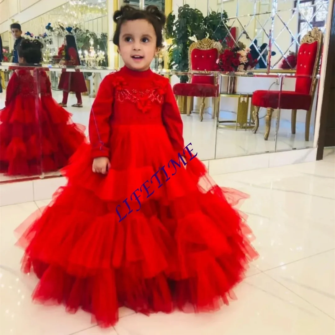 Cristalli O Collo Applique Manica lunga Una linea Piega Abito da ragazza di fiori Lunghezza pavimento Elegante abito da prima comunione Personalizzato