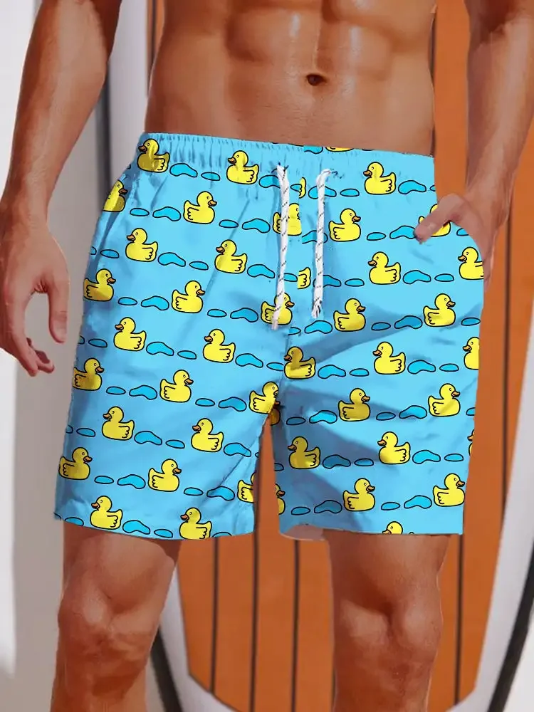 Novos shorts masculinos havaiano pato amarelo impressão curto verão novos troncos de natação cintura elástica impressão 3d respirável calças curtas
