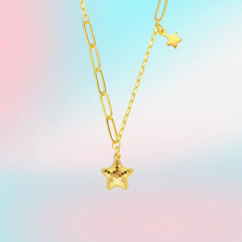 

new 9999 Real Gold 24K Fashion Little Star Set Chain, Flash Fish Scale Pentagram Clavicle Necklace