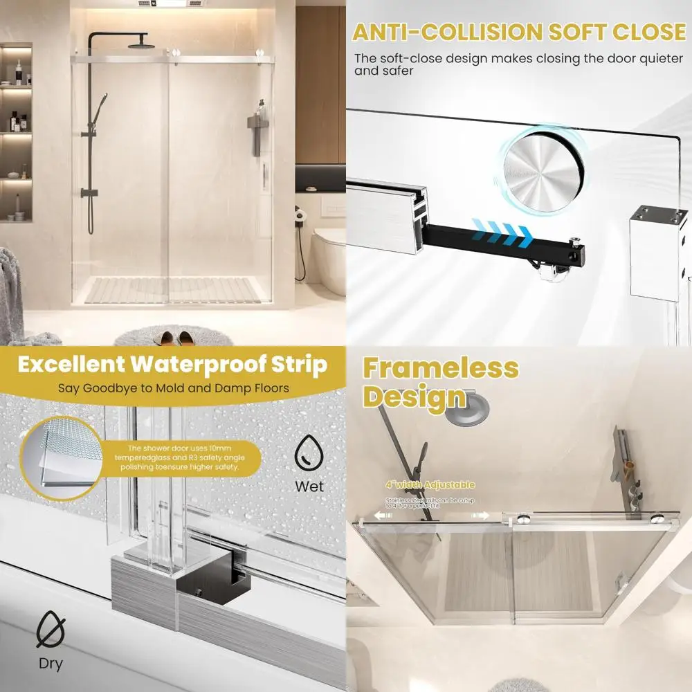 

frameless sliding shower door, 56-60" w x 76" h, 3/8" tempered glass, soft close, heavy-duty