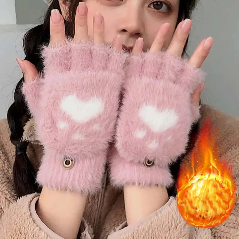 

1-8Pairs Winter Knit Flip Top Gloves Women Warm Thick Half Finger Cartoon Durable Gloves Warm Kids Cute Soft Gloves