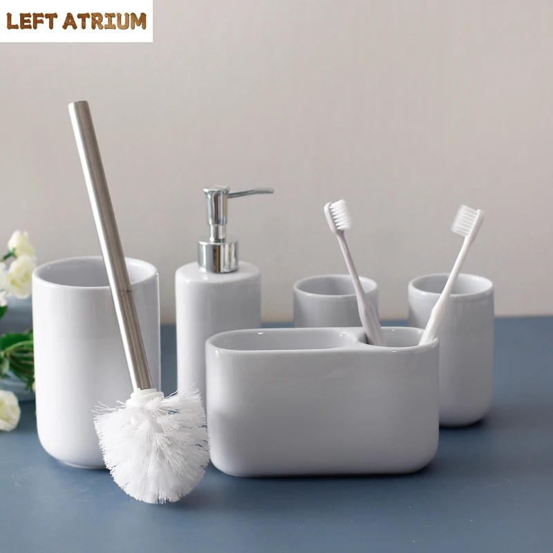 White Ceramic Bathroom Toiletries Lotion Bottle Mouth Cup Toothbrush Holder Toilet Brush Wash 5-piece Set Bathroom Accessories