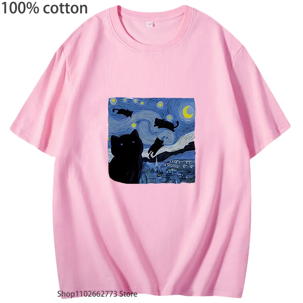 The Starry Cat Night Printing Tshirt for Men 100% Cotton Summer Tops Fashion Soft T-Shirts Women's Casual Y2k Tee Unisex Clothes