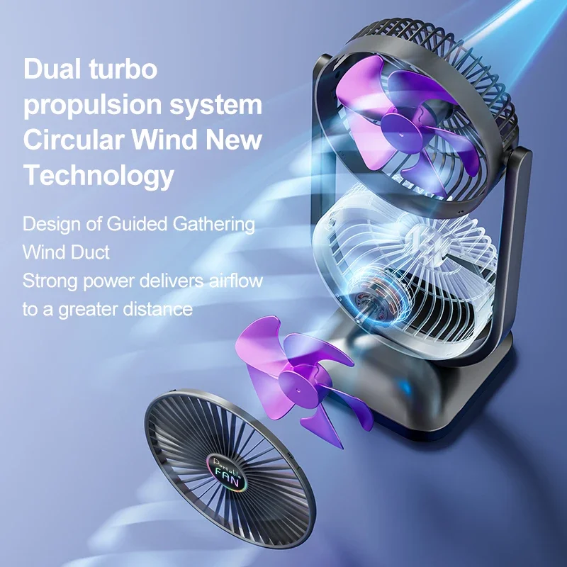 

Электрический вентилятор с двойной головкой, настольный USB-перезаряжаемый вентилятор, уличный, сильный ветер, циркуляция воздуха, двухслойный