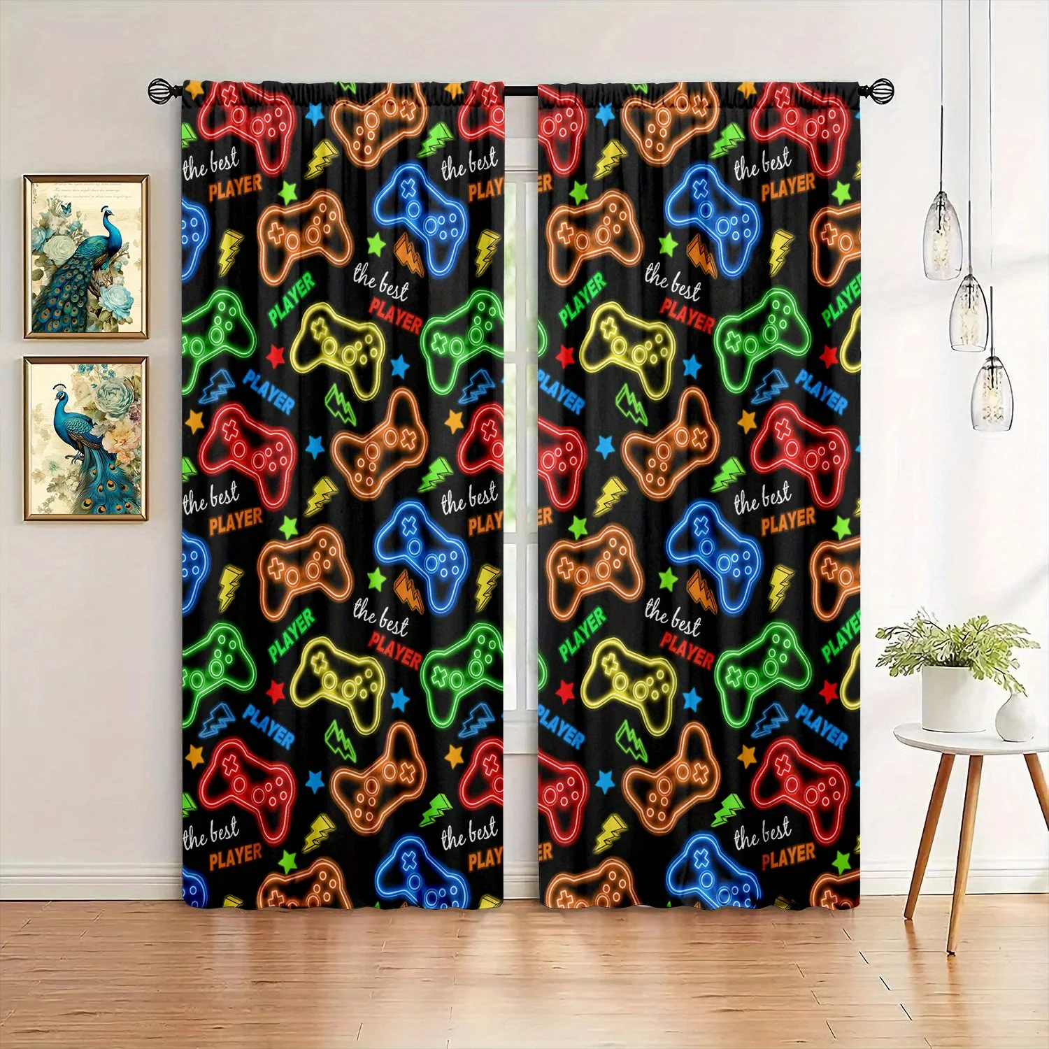 2pcs Neon GamePad Printed Curtain for Home Decor - Rod Pocket Window Treatment for Bedroom, Office,Kitchen,Living Room,and Study