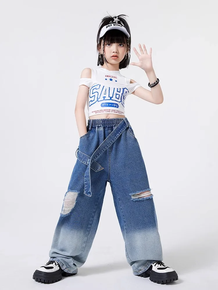 Kid Hip Hop Clothing White Double Shoulder Crop Tank Top Denim Blue Strap Ripped Jeans Pants for Girl Jazz Dance Costume Clothes