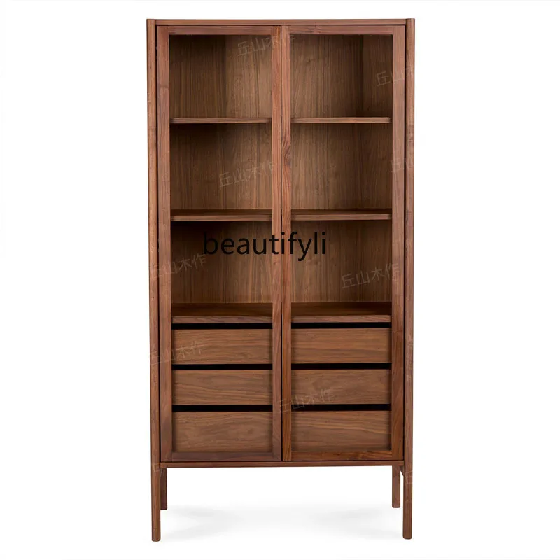 

Black Walnut Wooden Bookcase Solid Wood Open White Oak Display Cabinet Storage Cabinet Glass Door