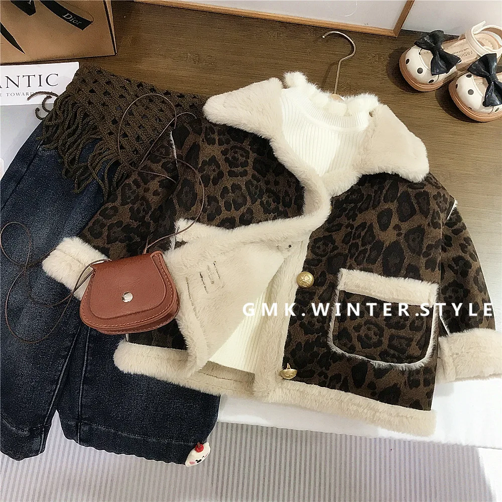 

Зимнее детское шерстяное пальто для девочек с леопардовым принтом, плотная теплая верхняя одежда для маленьких девочек, ретро куртка с отложным воротником для маленьких девочек