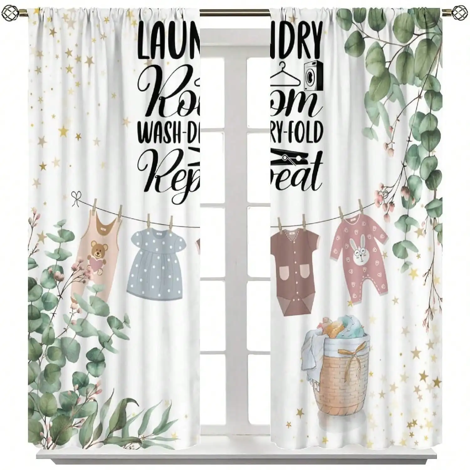 Laundry Room Curtain, Wash Dry Fold Repeat Print Blackout Curtains, Eucalyptus and Baby Clothes Drapes Farmhouse Decor, 2 Panels