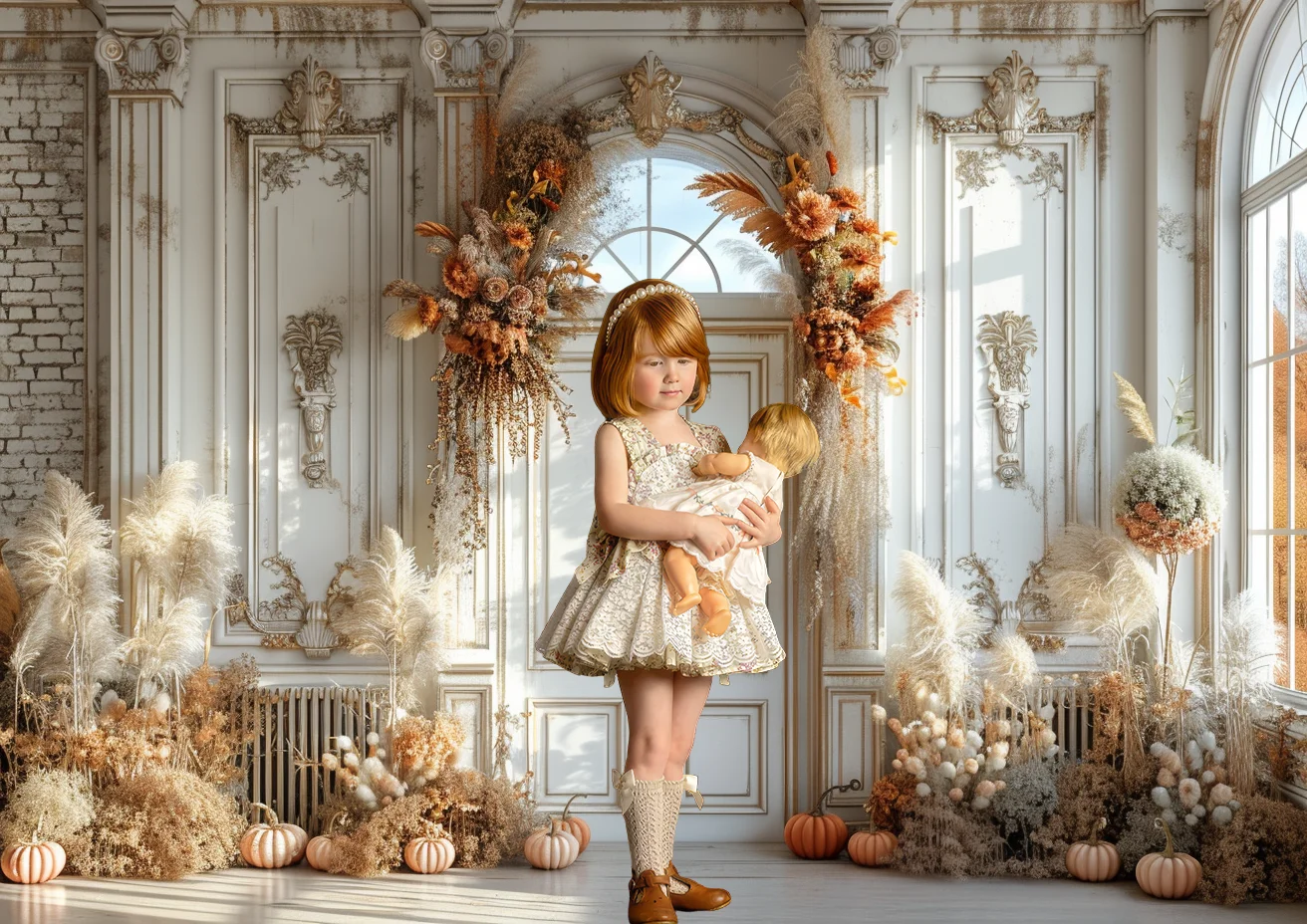 Fall Theme Backdrop White Vintage Window Pampas Grass Fall Flowers Autumn Garland Pumpkins Background Photo Studio Photocall