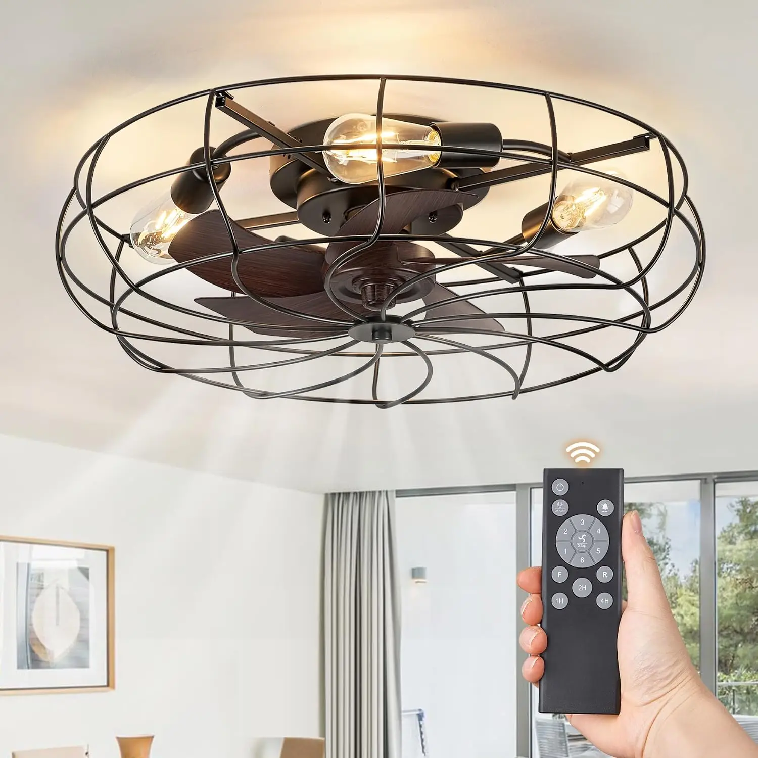 

Cage style ceiling fan with light, embedded low-key ceiling fan with remote control, suitable for bedrooms and indoor use